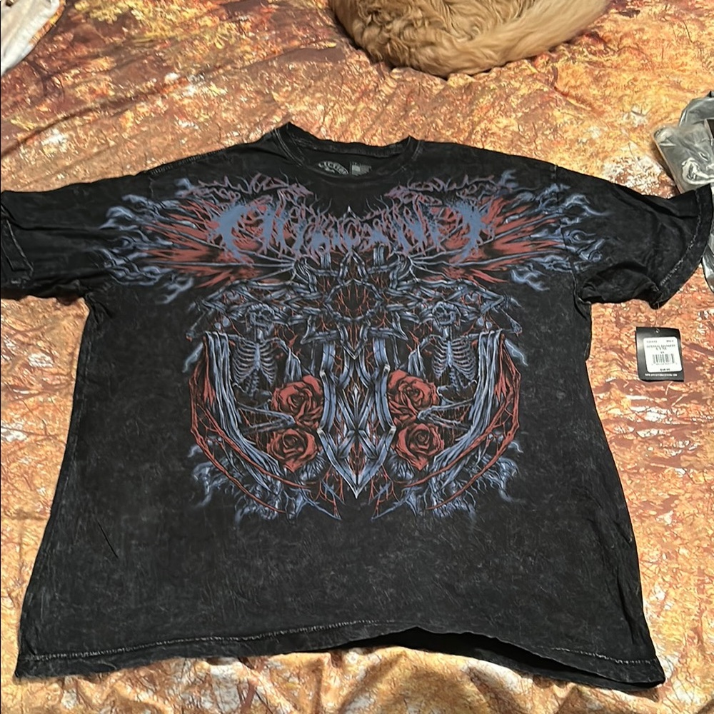 Affliction Black and Red Short Sleeve Tee with Ornate Design
